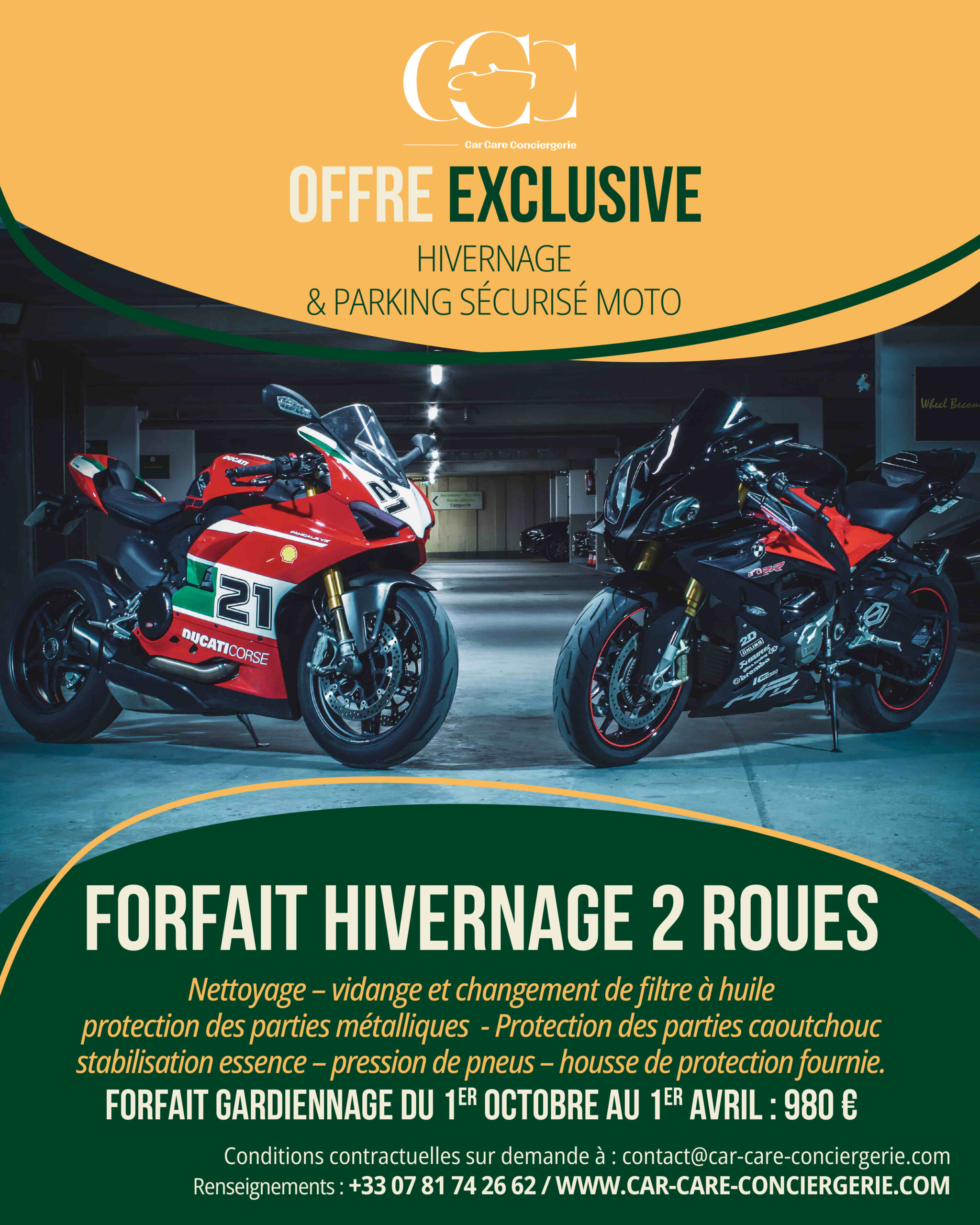 Exclusive offer: secure motorcycle winter storage Motorbike winter storage package Cleaning – oil change and oil filter change – protection of metal parts Protection of rubber parts – fuel stabilization – tire pressure – protective cover provided Storage package from October 1st to April 1st: €980 #conciergerieformotorbike #carcarconciergerie #safeparking #servicesformotorbike #courbevoie #ladefense #paris #motorbikestorage #moto #parking #2roues #remisage #stockage #gardiennage #hivernage #secured #24/24 #7/7 #24/7 #france #suresnes #rueilmalmaison #gt #sport #ducati #bmwmotorrad #harleydavidson #bikestorage #motorbike #wintering #bikepark #classicmotorbike #motorcycle #classicmotorcycle